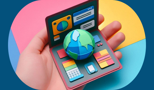Imagem com figuras geométricas ao fundo e uma figura do planeta Terra a frente, com a inscrição Olá Mundo em letras coloridas